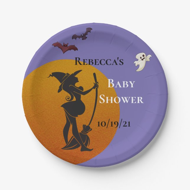 Halloween October Witch Baby Shower Ghost Paper Plates (Front)