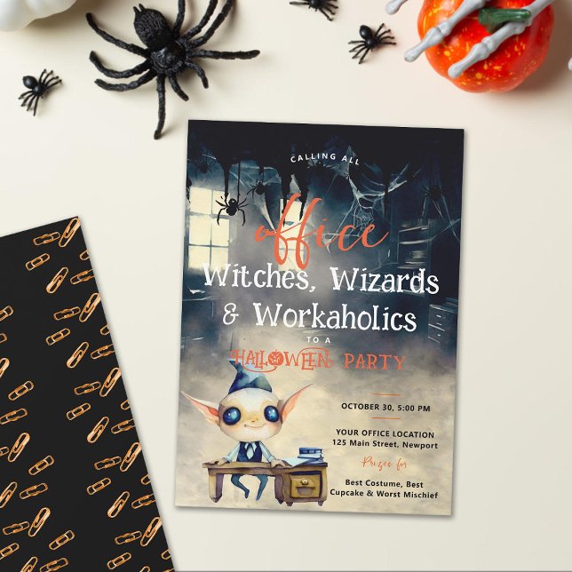 Halloween Office Party Business Ghoul Funny Black Invitation (Halloween office party ghoul desk spiders business corporate lawyer accountant financial elegant fun)