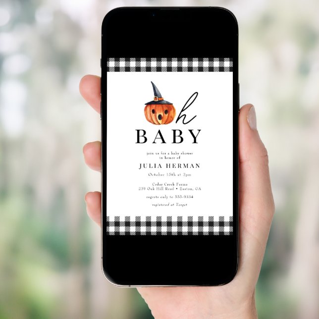 Halloween Oh Baby Black Plaid Baby Shower Invitation (Front Digital)