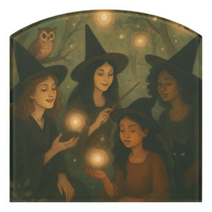 Halloween Oil Painting of Witches in the Woods Door Sign