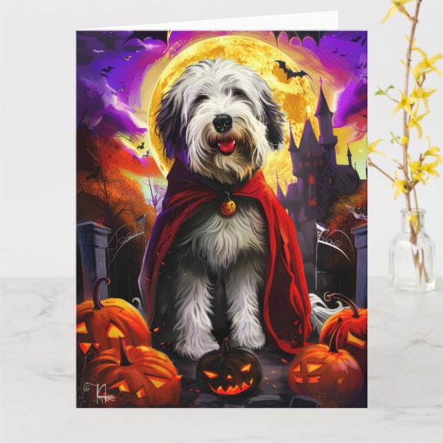 Halloween Old English Sheepdog Vampire Pumpkins Card (Yellow Flower)