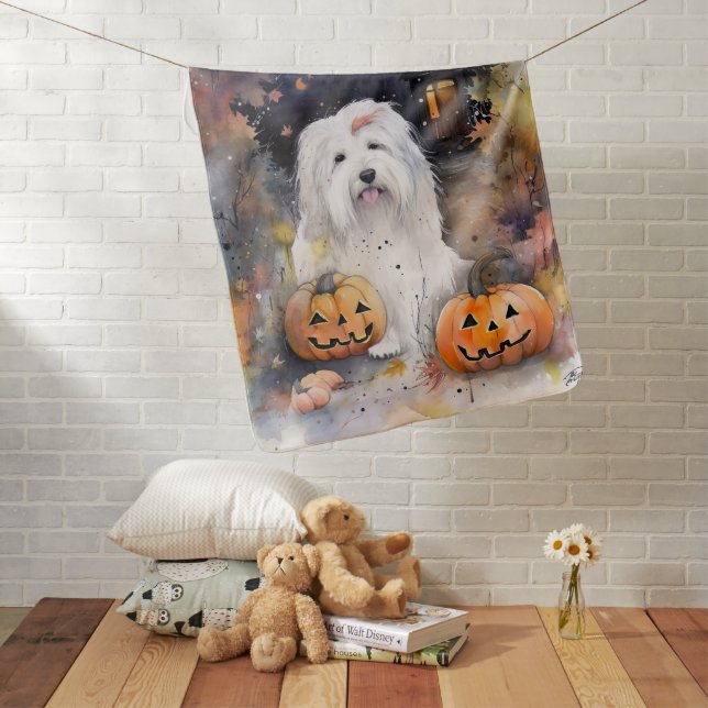 Halloween Old English Sheepdog With Pumpkins Scary Baby Blanket (In Situ)