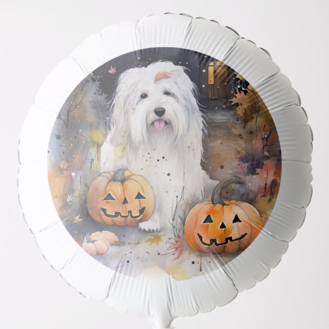 Halloween Old English Sheepdog With Pumpkins Scary Balloon (Front)