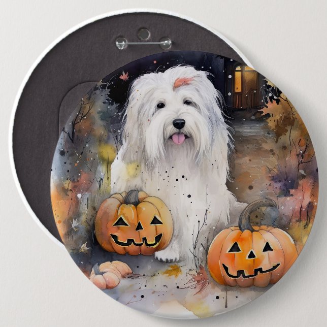 Halloween Old English Sheepdog With Pumpkins Scary Button (Front & Back)