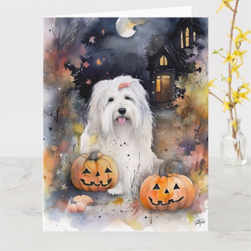 Halloween Old English Sheepdog With Pumpkins Scary Card