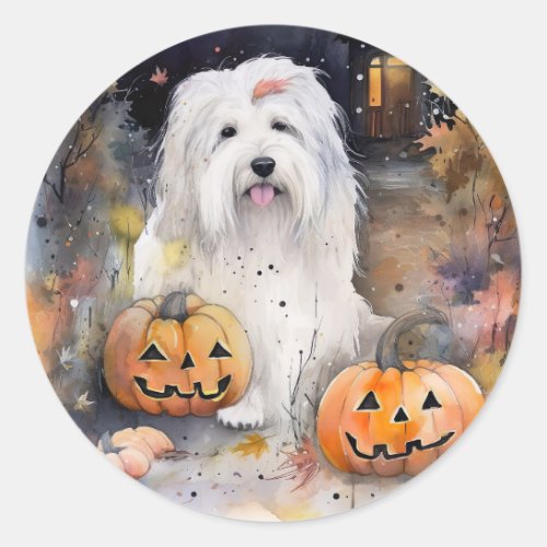 Halloween Old English Sheepdog With Pumpkins Scary Classic Round Sticker