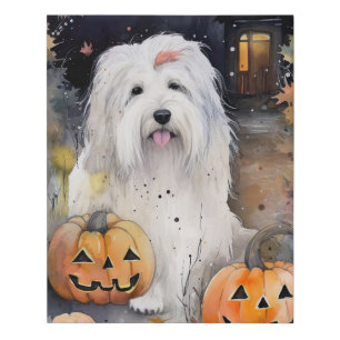 Halloween Old English Sheepdog With Pumpkins Scary Faux Canvas Print