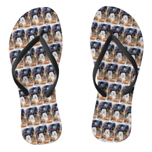 Halloween Old English Sheepdog With Pumpkins Scary Flip Flops