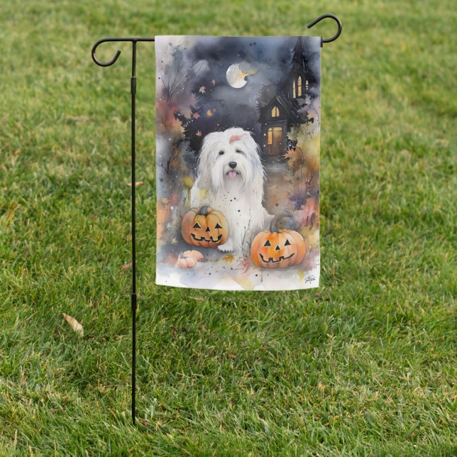 Halloween Old English Sheepdog With Pumpkins Scary Garden Flag (In SItu)