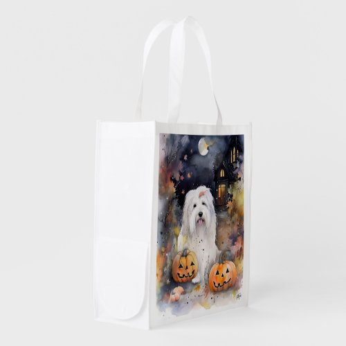 Halloween Old English Sheepdog With Pumpkins Scary Grocery Bag
