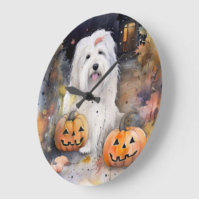 Halloween Old English Sheepdog With Pumpkins Scary Large Clock (Angle)