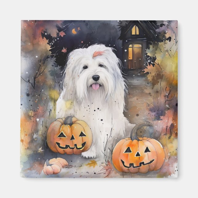 Halloween Old English Sheepdog With Pumpkins Scary Magnet (Front)