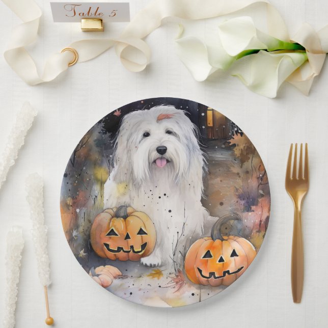 Halloween Old English Sheepdog With Pumpkins Scary Paper Plates (Wedding)