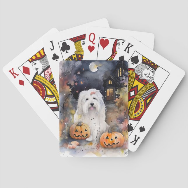 Halloween Old English Sheepdog With Pumpkins Scary Poker Cards (Back)