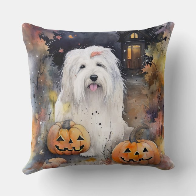 Halloween Old English Sheepdog With Pumpkins Scary Throw Pillow (Back)