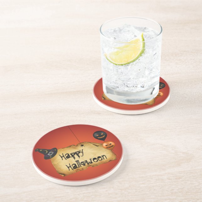 Halloween Old Parchment Greeting Drink Coaster (Side)