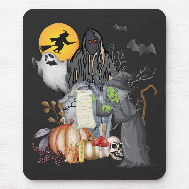 Halloween Old Witch With Ghosts And Pumpkin  Mouse Pad (Front)