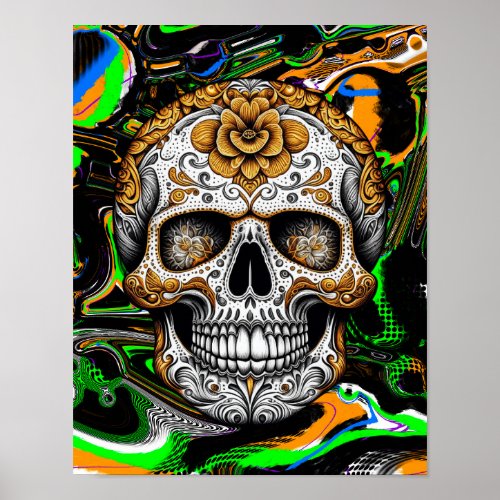 Halloween or Da de Muertos Sugar Skull Fluid Art Poster