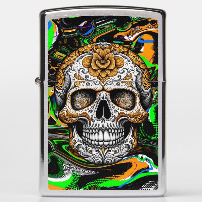 Halloween or Día de Muertos Sugar Skull Fluid Art Zippo Lighter (Front)