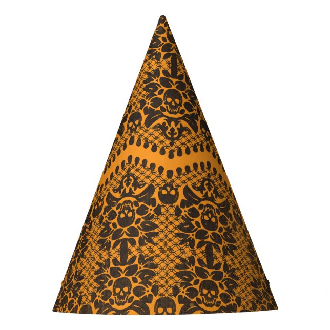 Halloween Orange and Black Skull Lace Party Hat (Front)