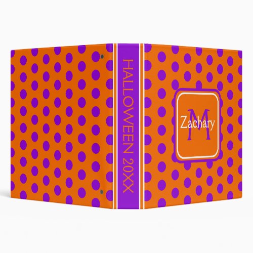 Halloween Orange and Purple Polka Dot Monogram 3 Ring Binder