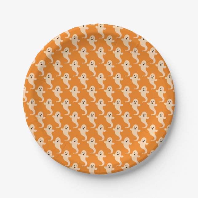 Halloween Orange and White Ghost Pattern Paper Plates (Front)