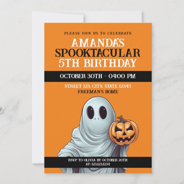 Halloween Orange and White Pumpkin Ghost Birthday Invitation (Front)