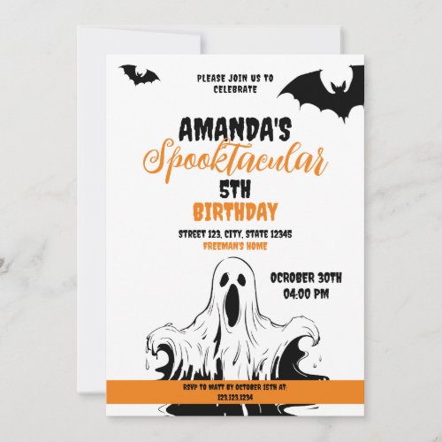 Halloween Orange and White Scary Ghost Birthday Invitation