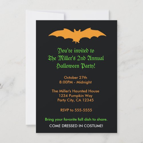 Halloween Orange Bat on Black Party Invitation