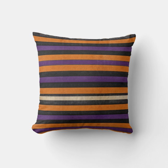 Halloween Orange, Black and Purple Stripe Throw Pillow (Front)