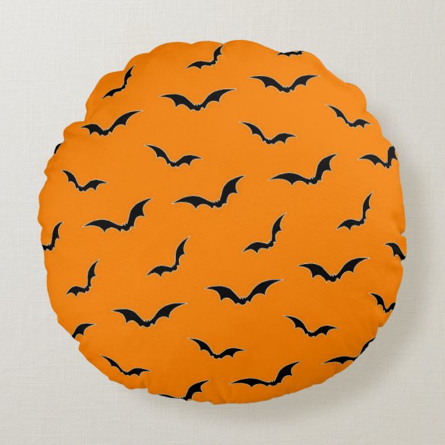 Halloween Orange & Black Bats Flying Pattern Round Pillow (Front)