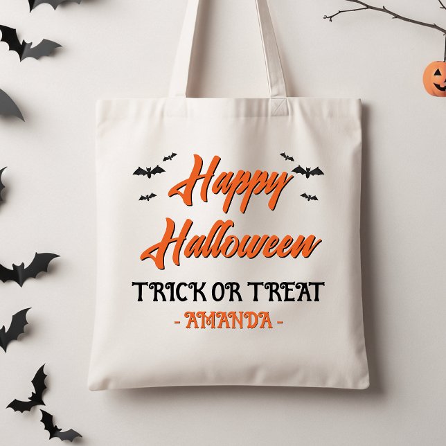 Halloween Orange Black Bats Trick Or Treat Tote (Personalized Trick Or Treat Tote Bag, Orange Black Halloween Tote Bag, Black Bats Halloween Tote  )