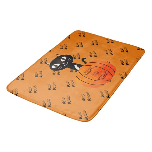 Halloween Orange Black Cat Pumpkin Spooky Script Bath Mat