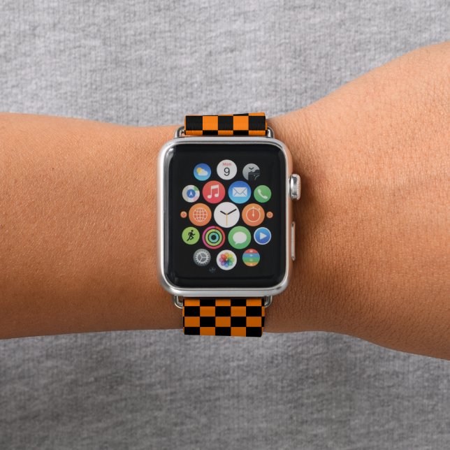 Halloween Orange Black Checkered Gold Monogrammed Apple Watch Band (In Situ)