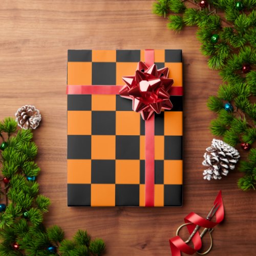 Halloween Orange Black Checks Birthday Custom Text Wrapping Paper