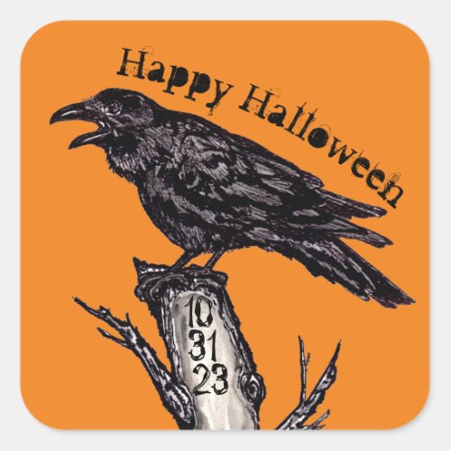 Halloween Orange Black Gothic Raven Date Initial Square Sticker