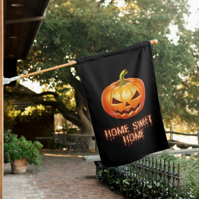 Halloween orange black jack-o-lantern pumpkin house flag (In SItu)