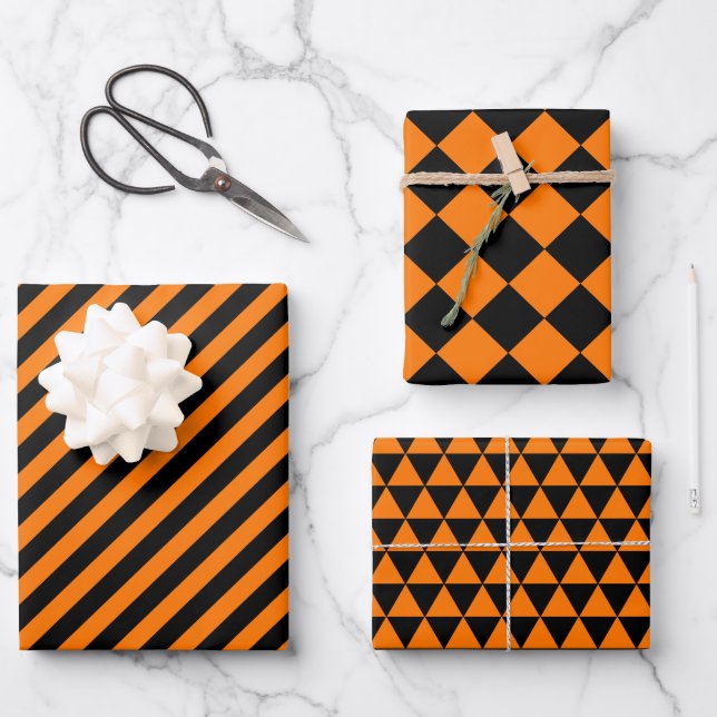 Halloween Orange Black Modern Pattern Custom Text Wrapping Paper Sheets (Front)