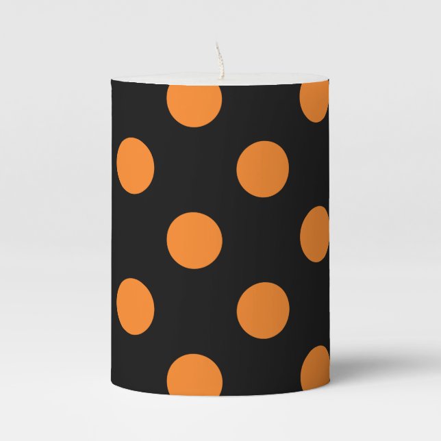 Halloween Orange Black Polka Dot Pillar Candle (Front)