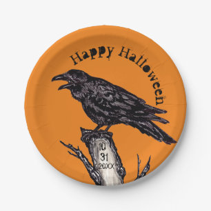 Halloween Orange Black Raven Crow Dated Gothic Paper Plates