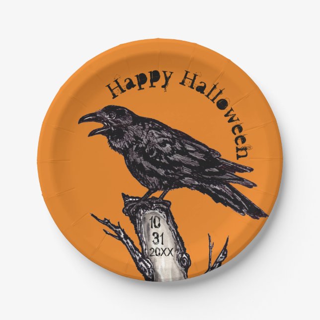 Halloween Orange Black Raven Crow Dated Gothic Paper Plates (Front)
