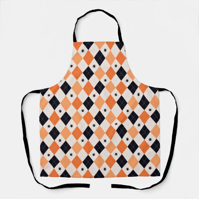 Halloween Orange & Black Spider Argyle Pattern Apron (Front)