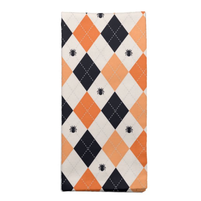 Halloween Orange & Black Spider Argyle Pattern Cloth Napkin (Folded)
