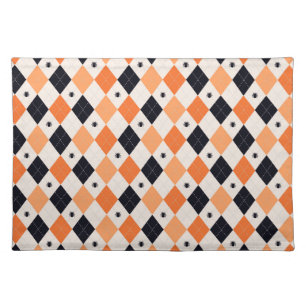 Halloween Orange & Black Spider Argyle Pattern Cloth Placemat