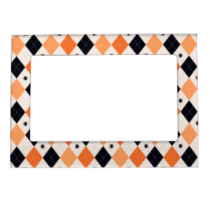 Halloween Orange & Black Spider Argyle Pattern Magnetic Frame