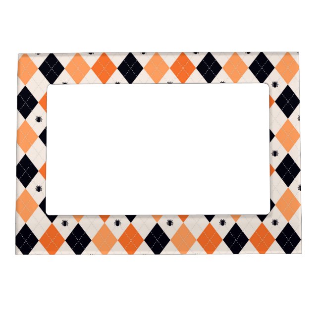 Halloween Orange & Black Spider Argyle Pattern Magnetic Frame (Front)