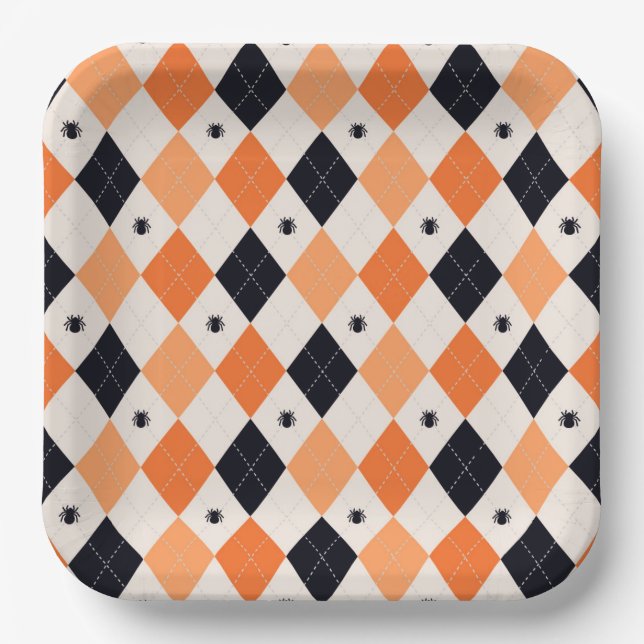 Halloween Orange & Black Spider Argyle Pattern Paper Plates (Front)