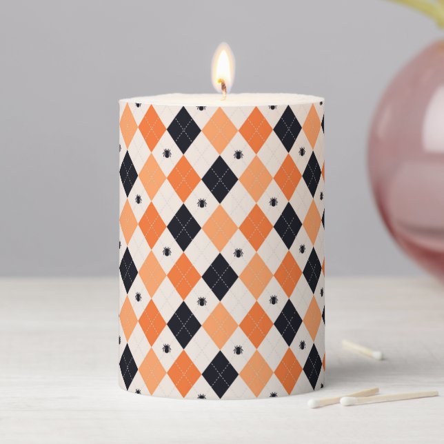 Halloween Orange & Black Spider Argyle Pattern Pillar Candle (In Situ)