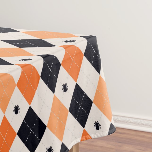 Halloween Orange & Black Spider Argyle Pattern Tablecloth (In Situ)