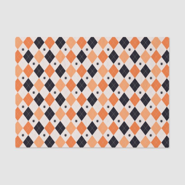 Halloween Orange & Black Spider Argyle Pattern Tissue Paper (Front)